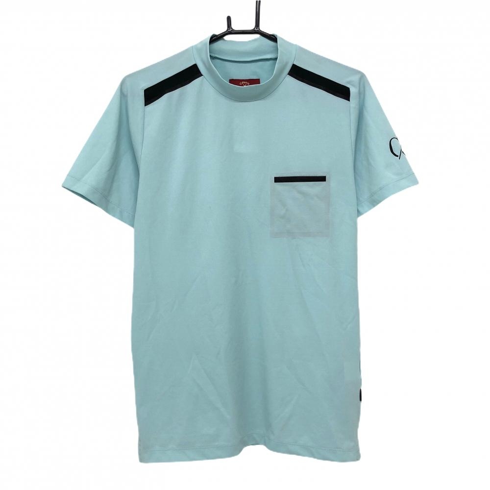 【新品】キャロウェイ レッドレーベル 半袖ハイネックシャツ ライトブルー×黒 肩一部メッシュ UPF50 メンズ M ゴルフウェア Callaway