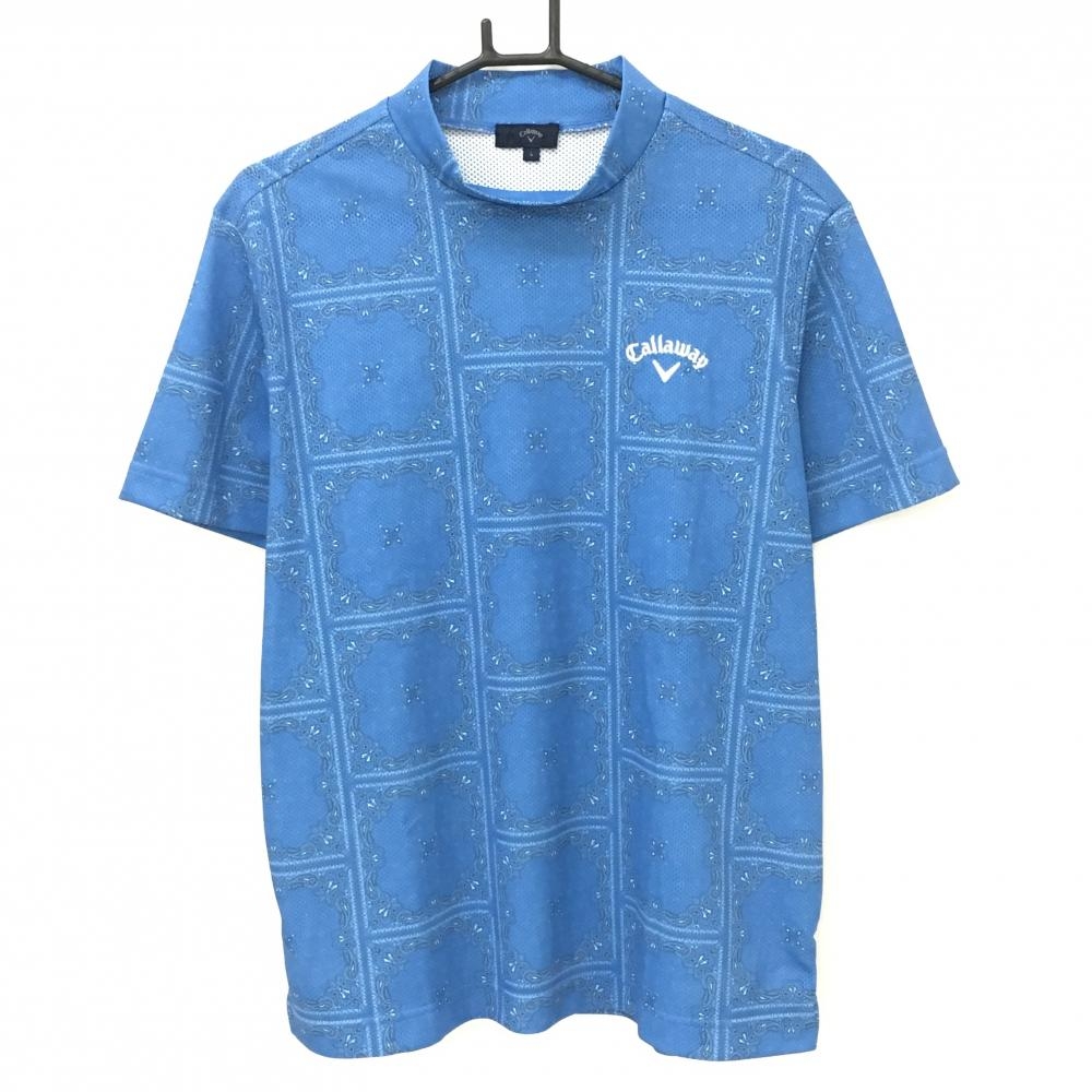 【超美品】キャロウェイ 半袖ハイネックシャツ ブルー 総柄 ペイズリー かざあなメッシュ メンズ L ゴルフウェア 2023年モデル Callaway