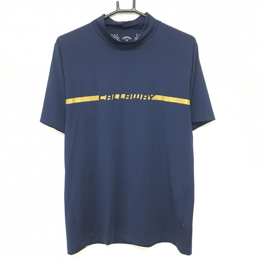 【美品】キャロウェイ 半袖ハイネックシャツ ネイビー×ライトブラウン ロゴ メンズ L ゴルフウェア Callaway