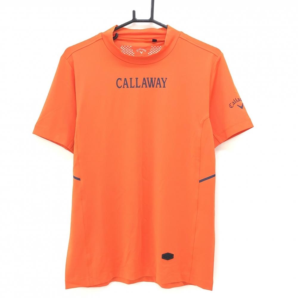 【超美品】キャロウェイ 半袖ハイネックシャツ オレンジ×ネイビー フロントロゴ メンズ M ゴルフウェア Callaway