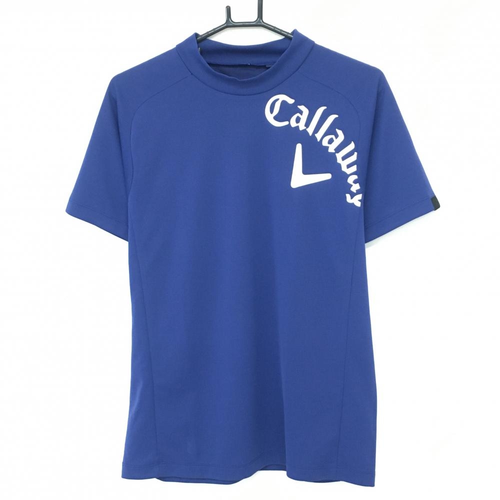 【超美品】キャロウェイ 半袖ハイネックシャツ ネイビーブルー 地模様 ロゴ白 メンズ M ゴルフウェア Callaway