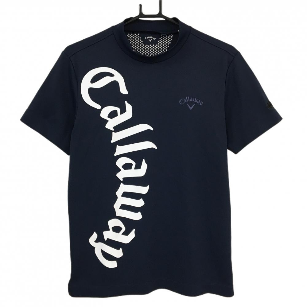 【超美品】キャロウェイ 半袖ハイネックシャツ ネイビー×白 ビックロゴプリント メンズ M ゴルフウェア Callaway