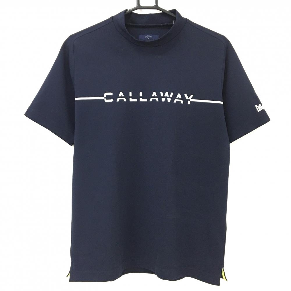 【美品】キャロウェイ 半袖ハイネックシャツ ネイビー×白 胸元ロゴ メンズ L ゴルフウェア Callaway