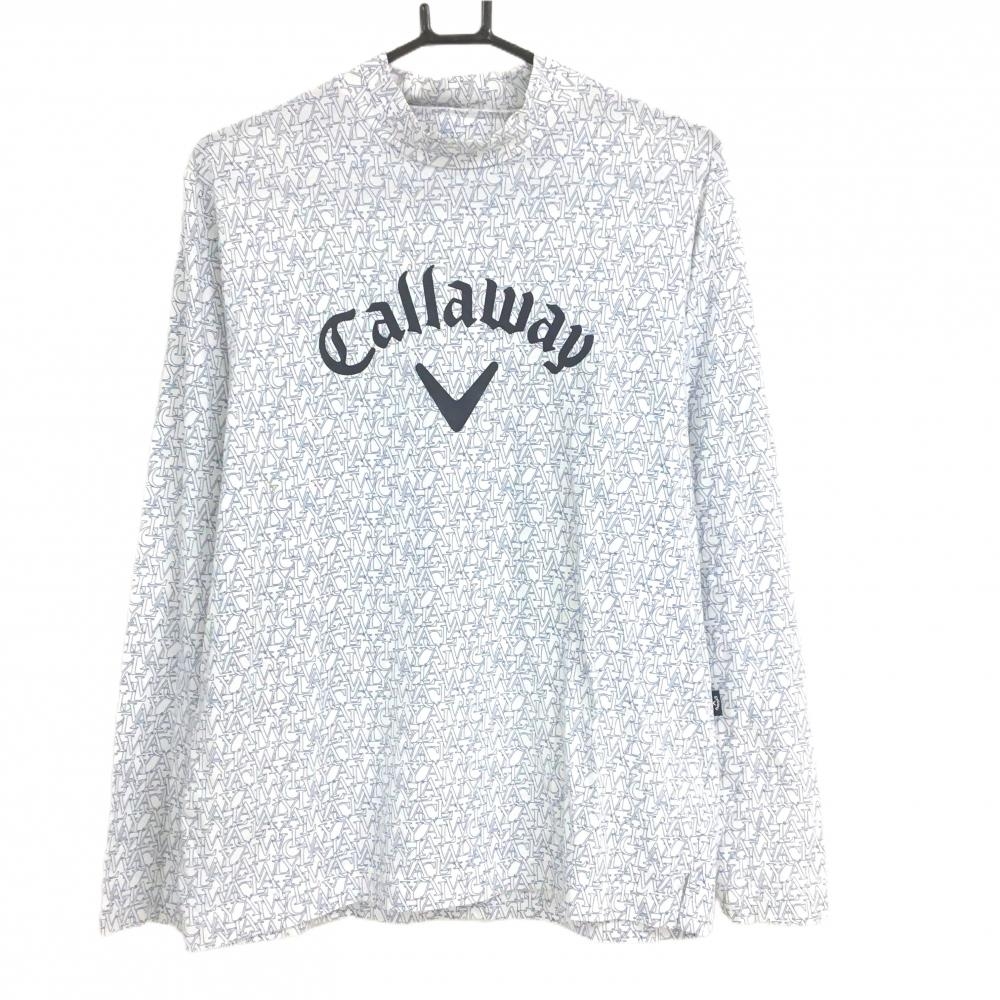 【美品】キャロウェイ 長袖ハイネックシャツ 白×ネイビー 英字総柄 フロントロゴ メンズ L ゴルフウェア Callaway