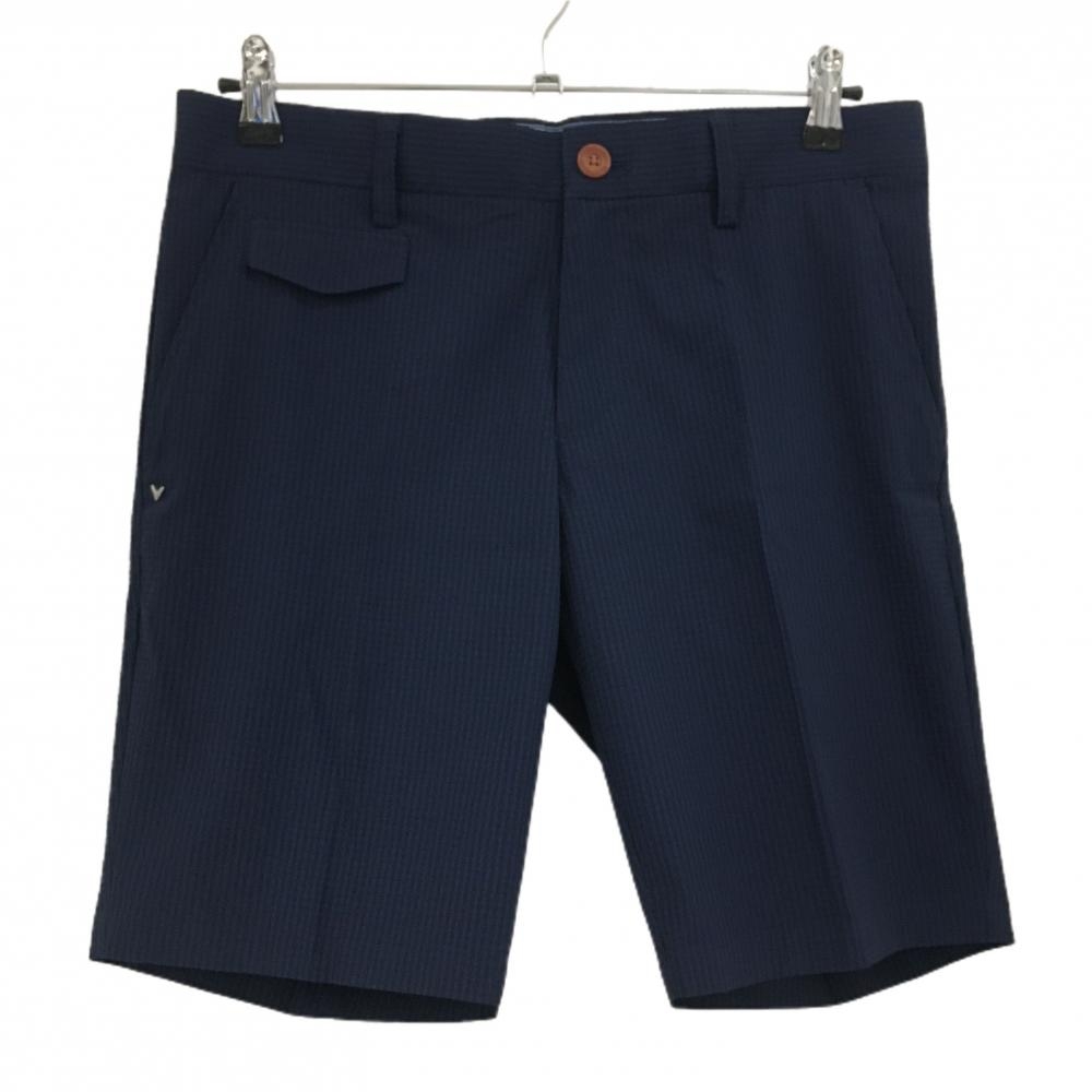 【超美品】キャロウェイ ハーフパンツ ネイビー×黒 ストライプ サッカー生地 メンズ M ゴルフウェア Callaway