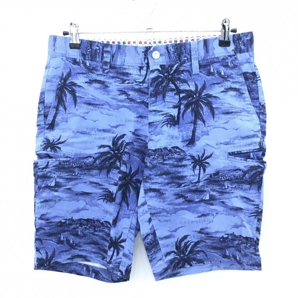 キャロウェイ ハーフパンツ ブルー×ネイビー 総柄 ヤシの木 複数ポケット メンズ L ゴルフウェア Callaway