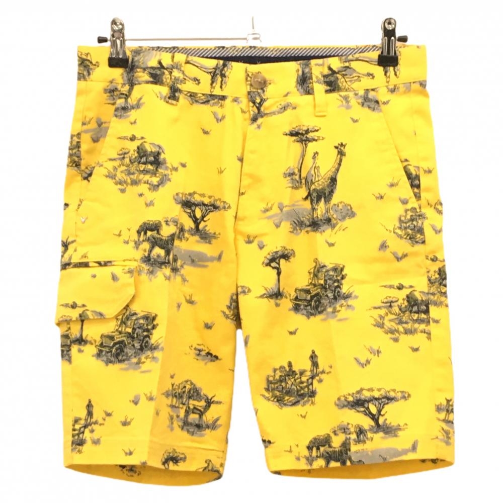 【美品】キャロウェイ ハーフパンツ イエロー×グレー 総柄 動物 木 メンズ M ゴルフウェア Callaway