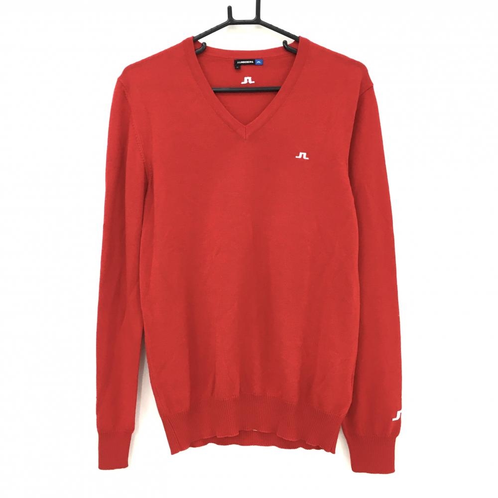 【美品】ジェイリンドバーグ セーター レッド ロゴ刺しゅう ウール100％ ニット メンズ M ゴルフウェア J．LINDEBERG