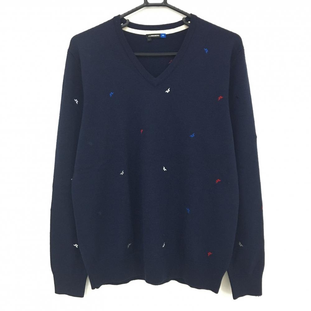 ジェイリンドバーグ セーター ネイビー×レッド ロゴ刺しゅう総柄 Vネック ニット ウール100％ メンズ L ゴルフウェア J．LINDEBERG