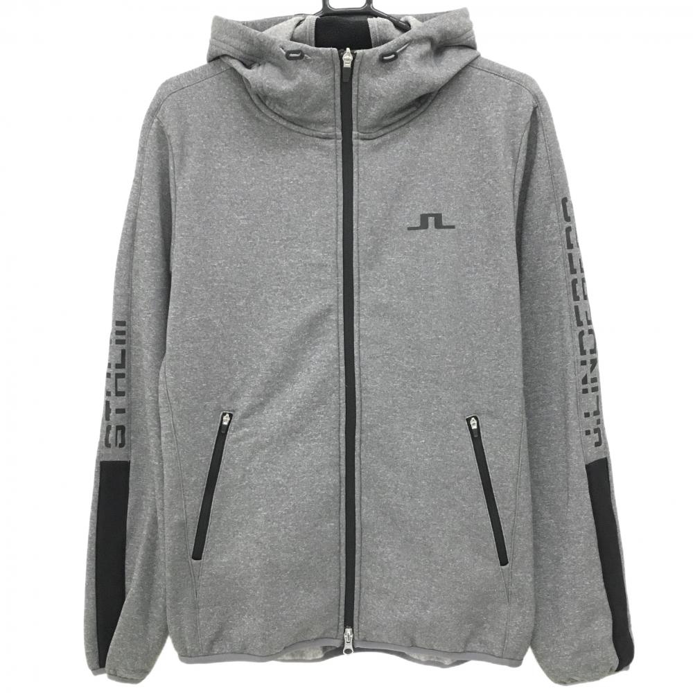 【超美品】ジェイリンドバーグ ジップパーカー 杢グレー 裏起毛 袖ロゴ メンズ L ゴルフウェア J．LINDEBERG