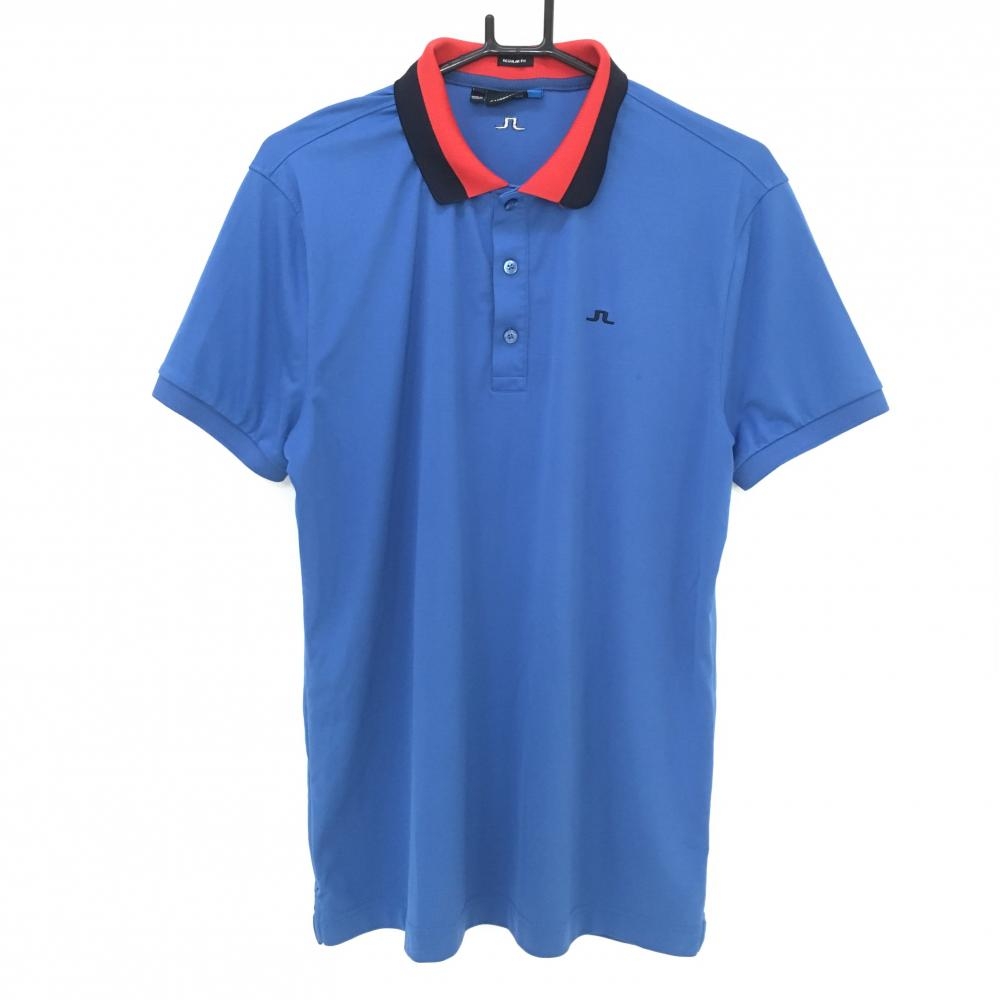 ジェイリンドバーグ 半袖ポロシャツ ブルー×レッド ロゴ刺しゅう メンズ L ゴルフウェア J．LINDEBERG 画像