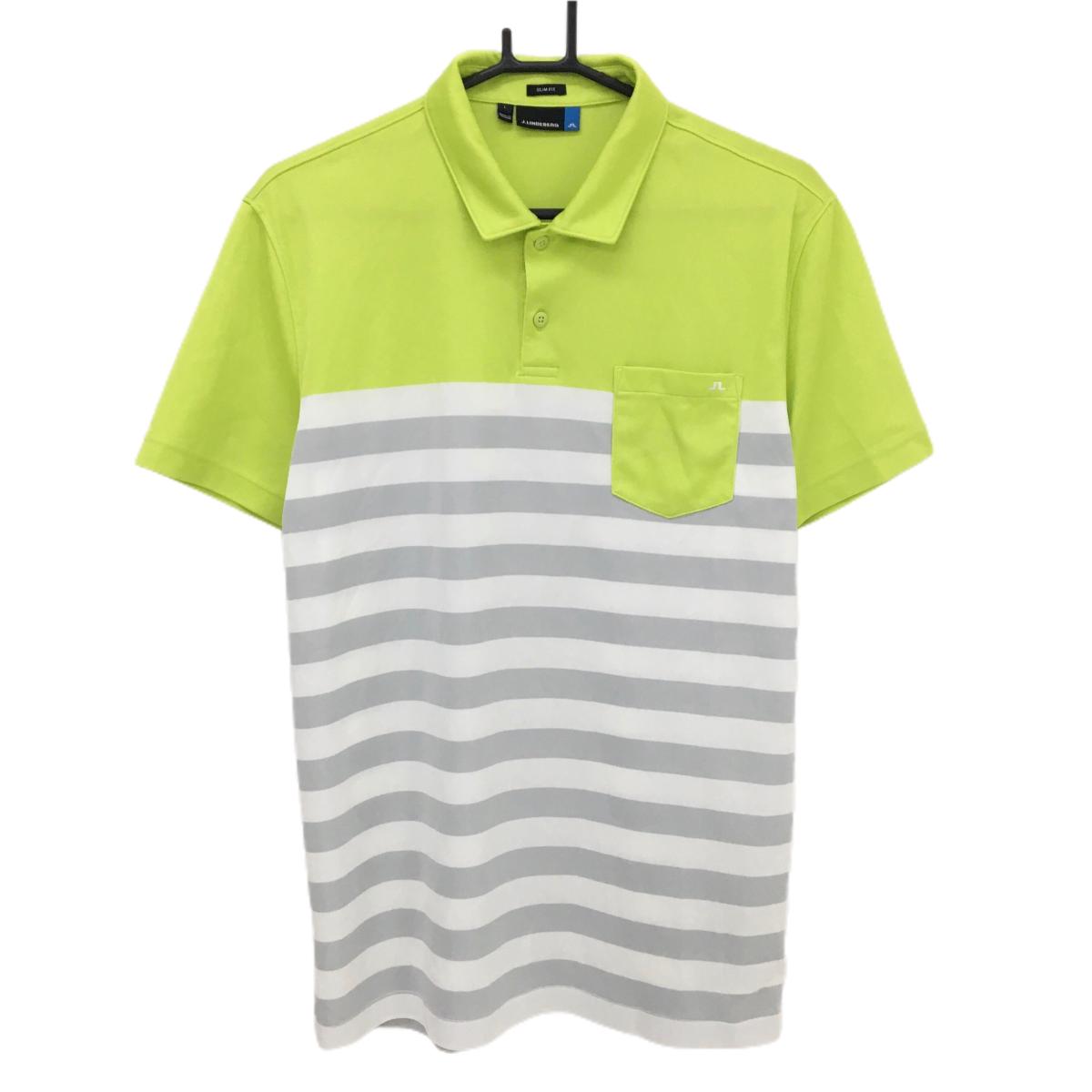 【超美品】ジェイリンドバーグ 半袖ポロシャツ ライムグリーン×白×グレー 一部ボーダー  メンズ L ゴルフウェア J．LINDEBERG