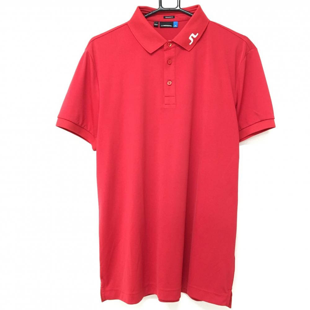 【超美品】ジェイリンドバーグ 半袖ポロシャツ レッド 襟ロゴ刺しゅう REGULAR FIT メンズ L ゴルフウェア J．LINDEBERG
