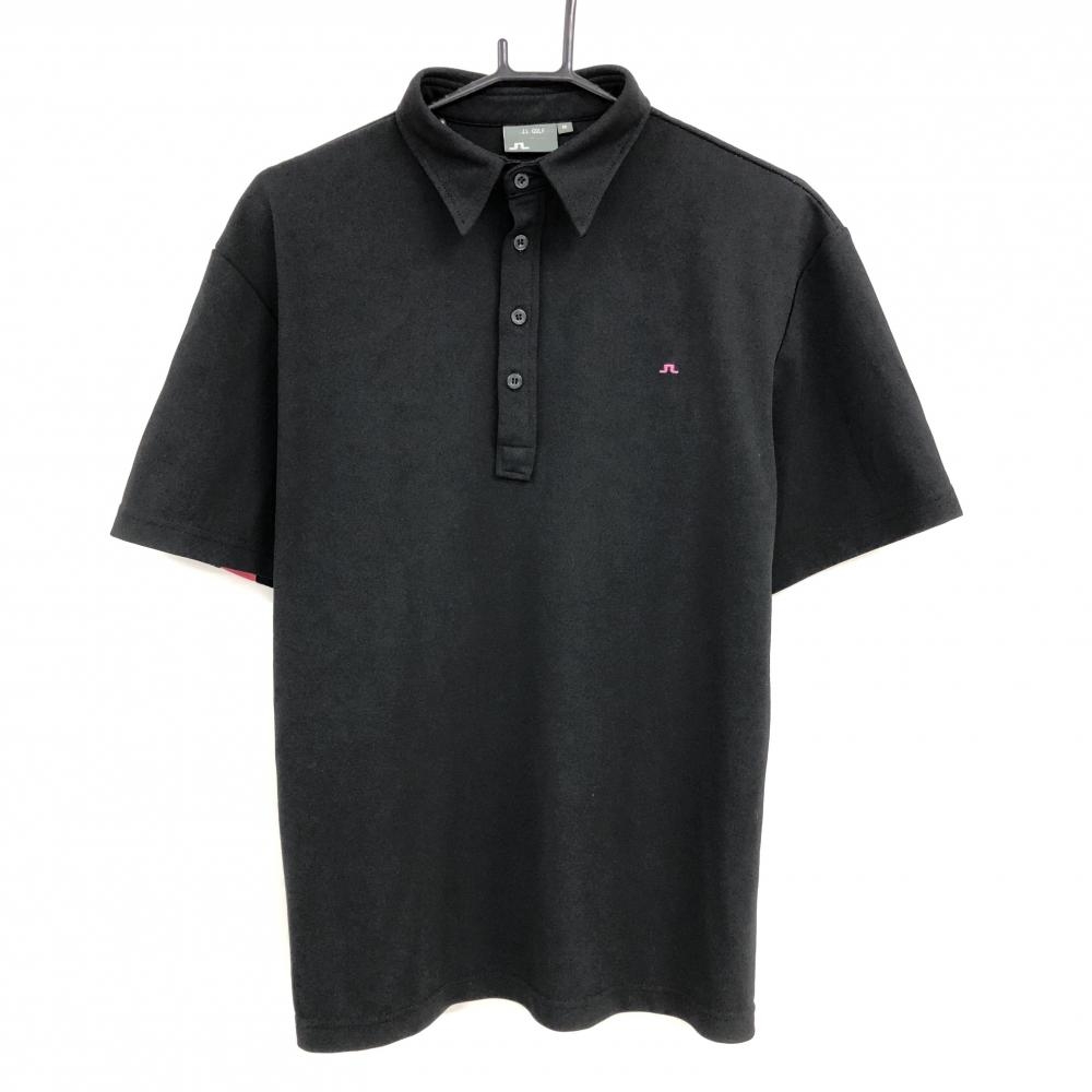 【美品】ジェイリンドバーグ 半袖ポロシャツ 黒×ピンク 背面ロゴ  メンズ M ゴルフウェア J．LINDEBERG