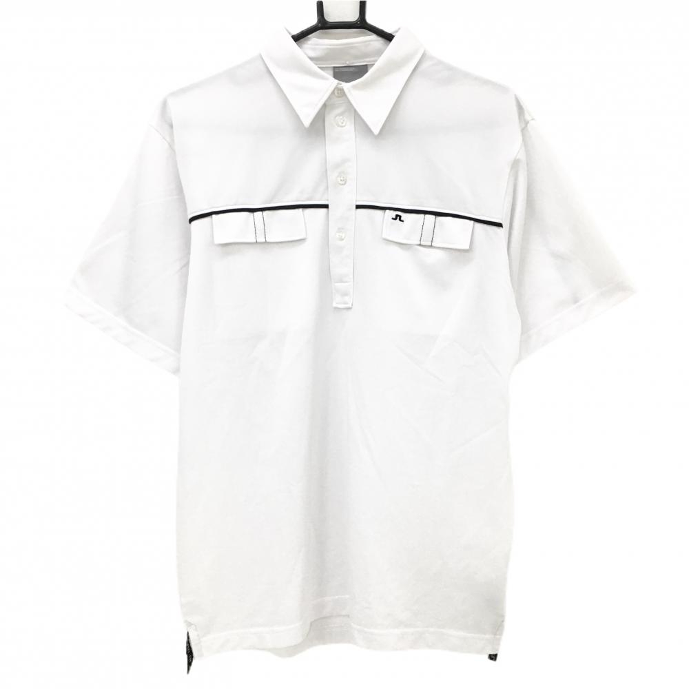 【超美品】ジェイリンドバーグ 半袖ポロシャツ 白×黒 ロゴ刺しゅう 胸ポケット メンズ M ゴルフウェア J．LINDEBERG