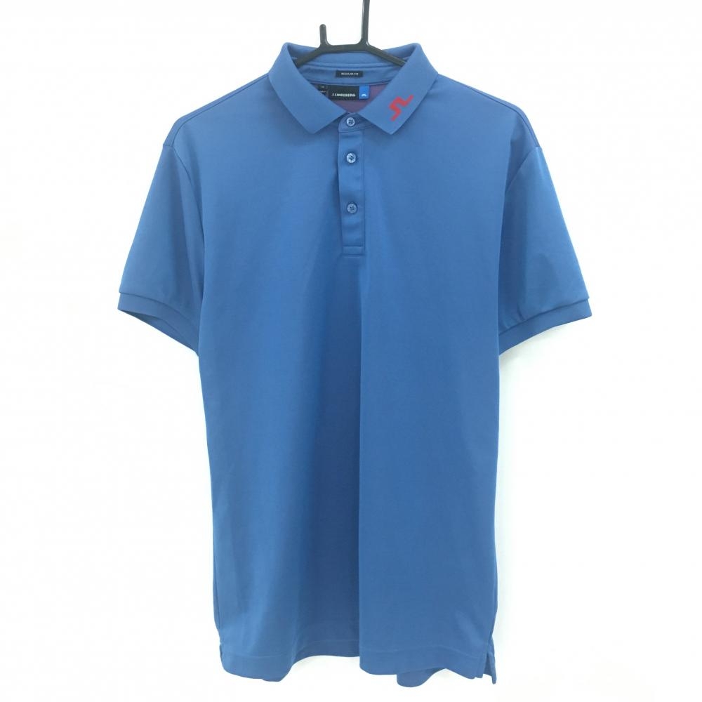 【超美品】ジェイリンドバーグ 半袖ポロシャツ ブルー×レッド 背面ビッグロゴ メンズ M ゴルフウェア J．LINDEBERG