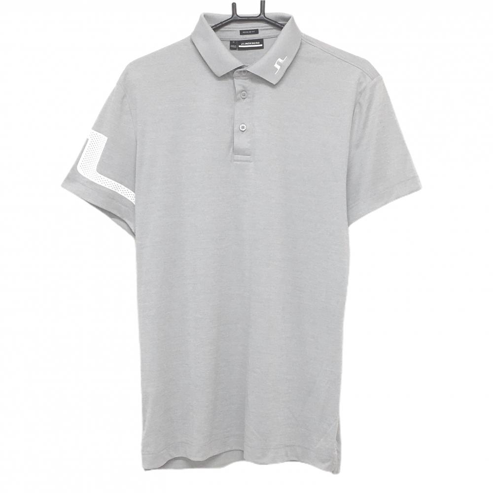 【美品】ジェイリンドバーグ 半袖ポロシャツ ライトグレー 袖ビッグロゴ REGULAR FIT メンズ M ゴルフウェア J．LINDEBERG