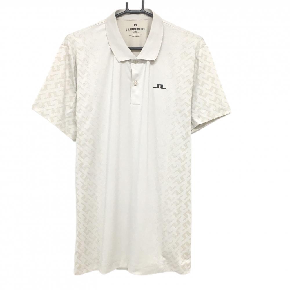 【超美品】ジェイリンドバーグ 半袖ポロシャツ ライトベージュ 左右ロゴ総柄 REGULAR FIT メンズ L ゴルフウェア J．LINDEBERG