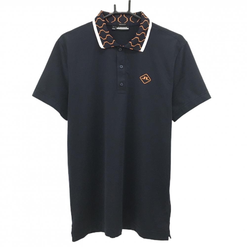 【超美品】ジェイリンドバーグ 半袖ポロシャツ ダークネイビー×オレンジ 襟柄 REGULAR FIT メンズ M ゴルフウェア J．LINDEBERG