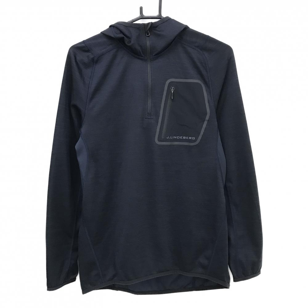 【美品】ジェイリンドバーグ フード付長袖Ｔシャツ ネイビー ハーフジップ バックロゴ メンズ S ゴルフウェア J．LINDEBERG