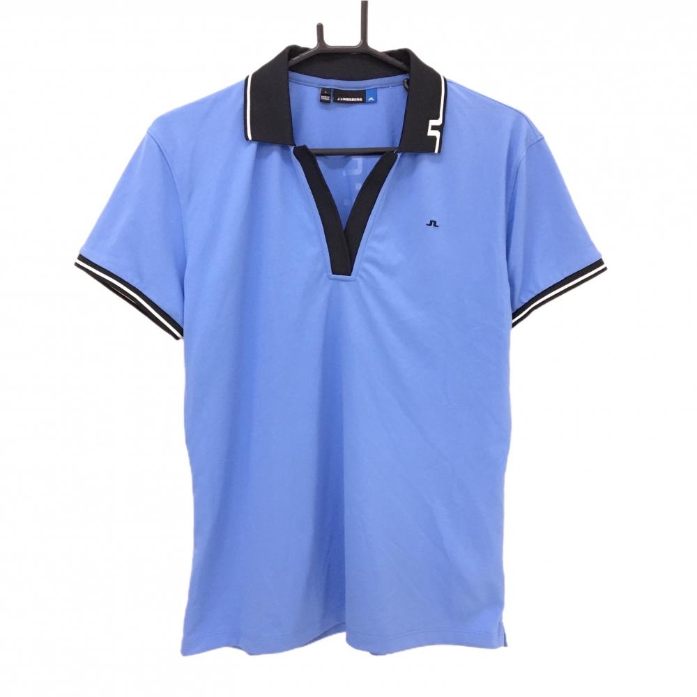 【超美品】ジェイリンドバーグ 半袖シャツ ライトブルー×白 背面ロゴ  メンズ L ゴルフウェア J．LINDEBERG