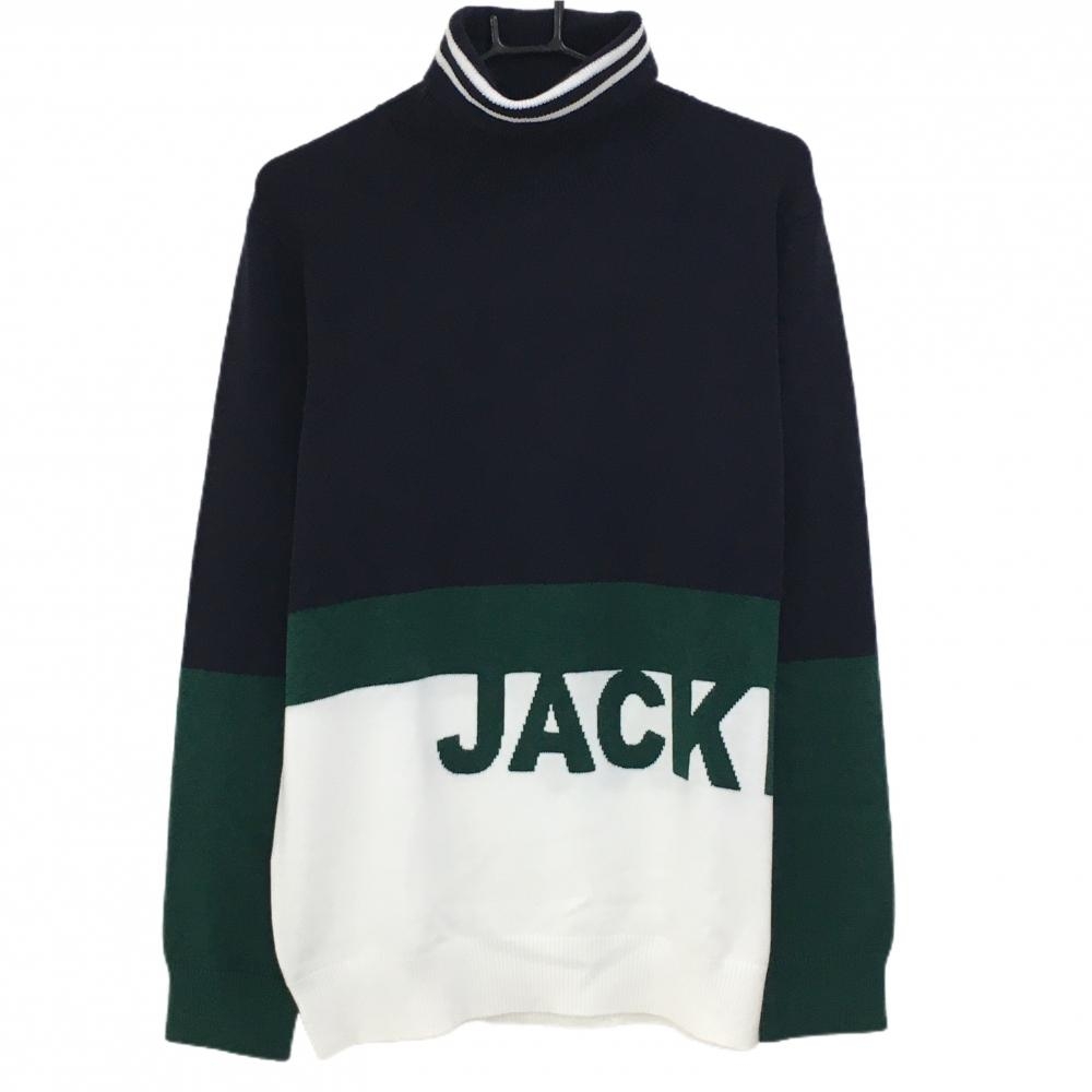 【超美品】ジャックバニー タートルネックセーター ネイビー×白 ネックライン ニット アクリル混 メンズ 6(XL) ゴルフウェア Jack Bunny