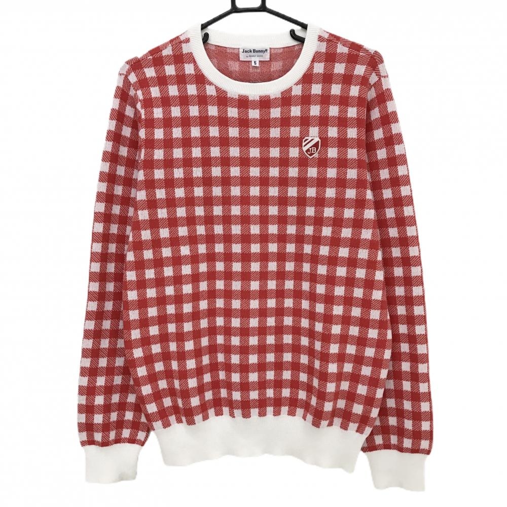ジャックバニー セーター レッド×白 チェック コットン混 ニット メンズ 5(L) ゴルフウェア Jack Bunny