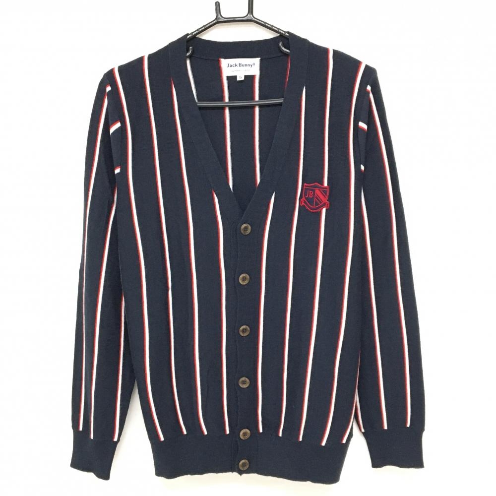【美品】ジャックバニー カーディガン ネイビー×白 ストライプ柄 ロゴワッペン ウール混 メンズ 5(L) ゴルフウェア Jack Bunny