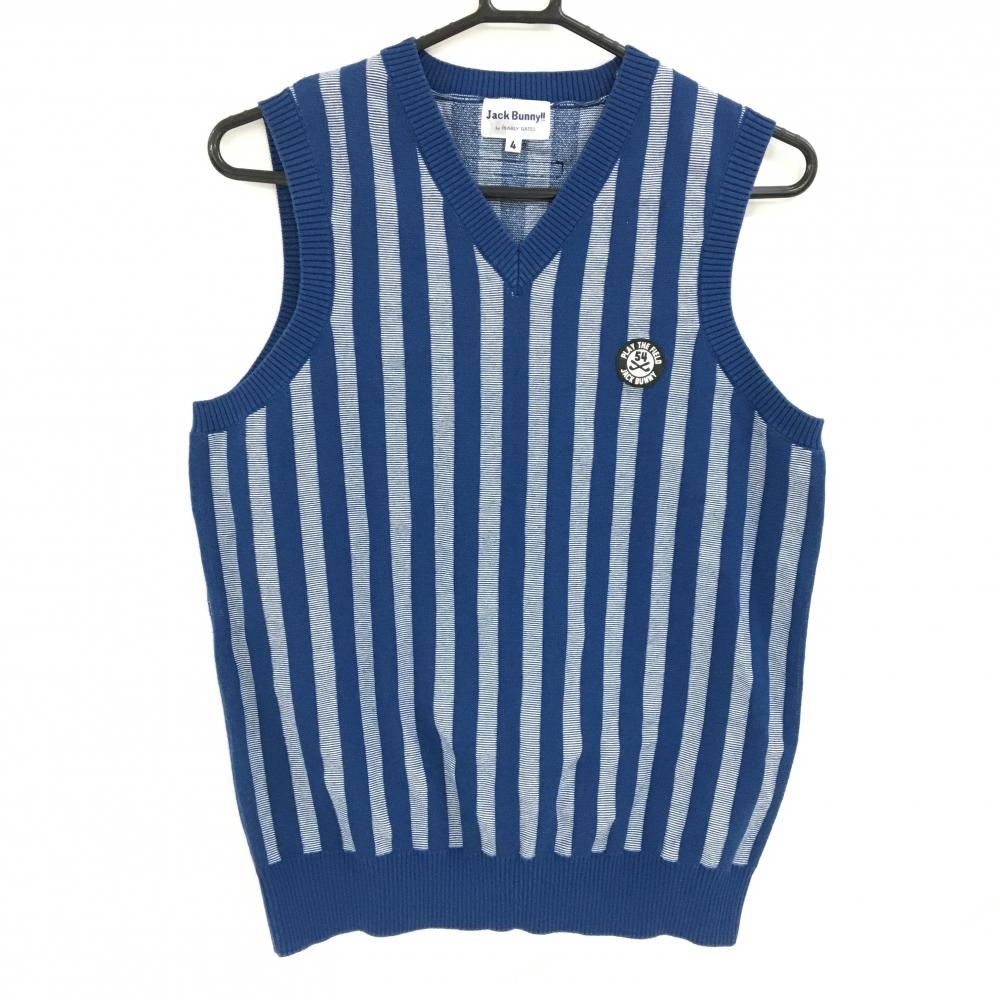 【美品】ジャックバニー ニットベスト ブルー×白 ストライプ Vネック コットン混 メンズ 4(M) ゴルフウェア Jack Bunny