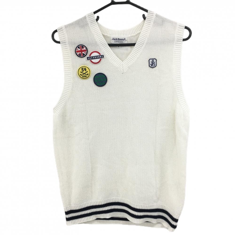 【美品】ジャックバニー ニットベスト 白×ネイビー ロゴワッペン 裾ライン Vネック コットン混 メンズ 5(L) ゴルフウェア Jack Bunny