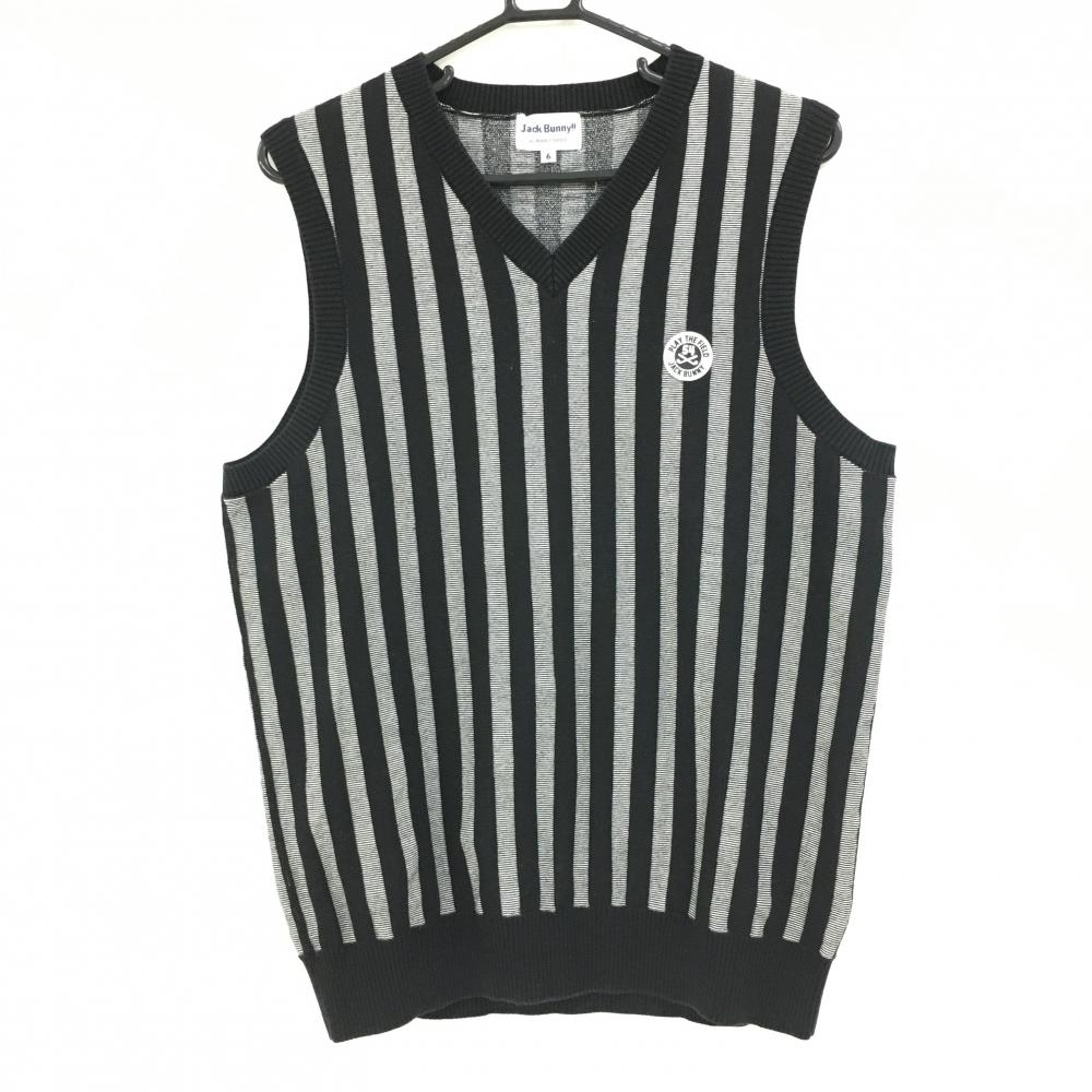 ジャックバニー ニットベスト 黒×グレー ストライプ ロゴワッペン Vネック メンズ 6(XL ) ゴルフウェア Jack Bunny