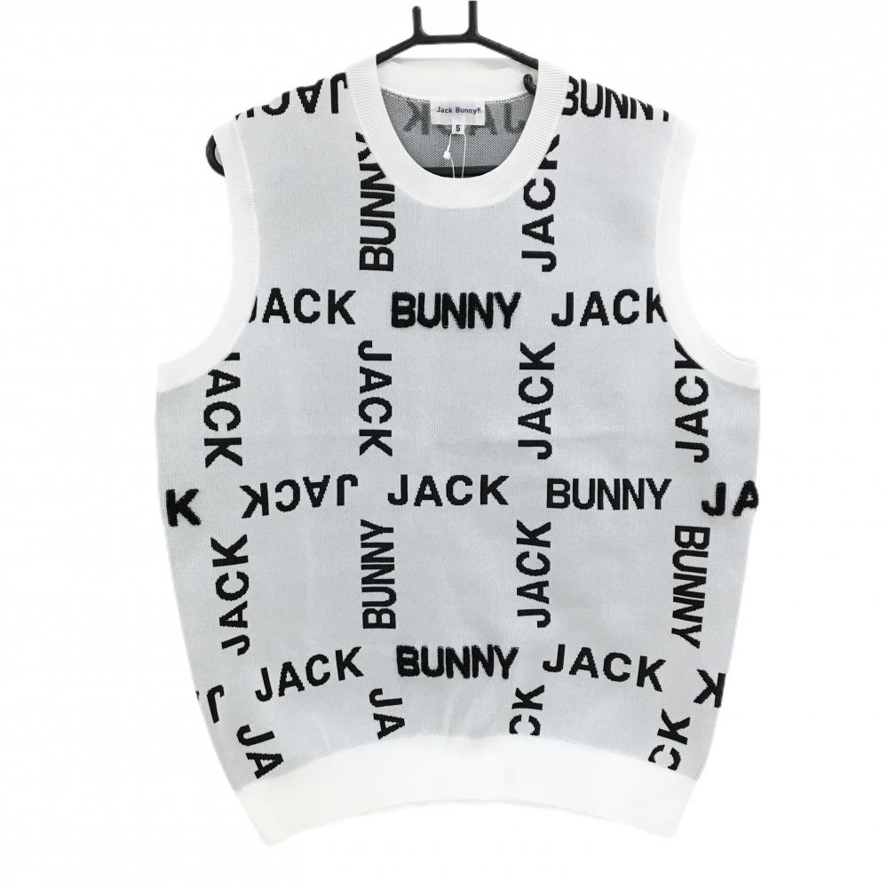 【新品】ジャックバニー ニットベスト 白×黒 ロゴ総柄  メンズ 5(L) ゴルフウェア 2024年モデル Jack Bunny