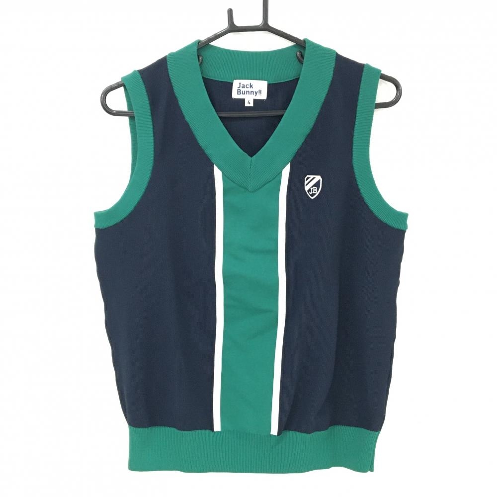 【超美品】ジャックバニー ニットベスト ネイビー×グリーン Vネック ロゴ刺しゅう メンズ 4(M) ゴルフウェア Jack Bunny