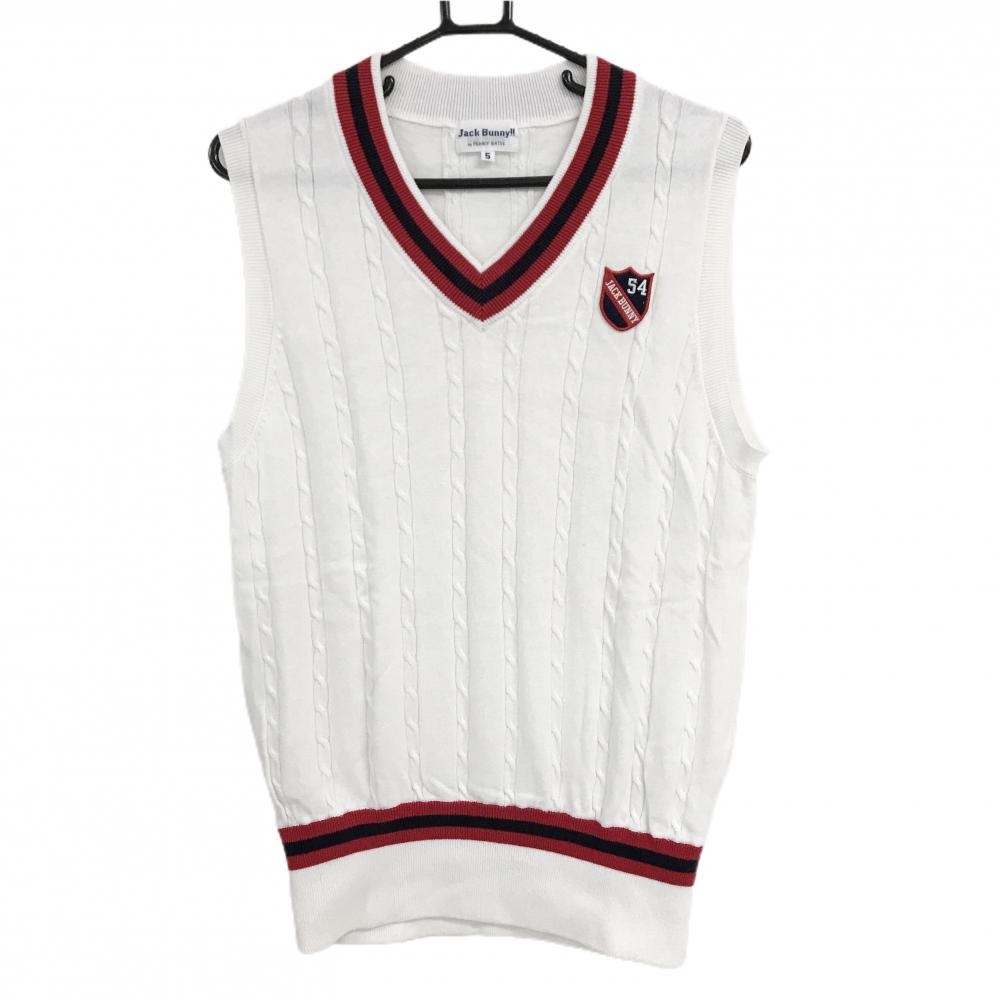 【美品】ジャックバニー ニットベスト 白×レッド ケーブル編み コットン100％ メンズ 5(L) ゴルフウェア Jack Bunny