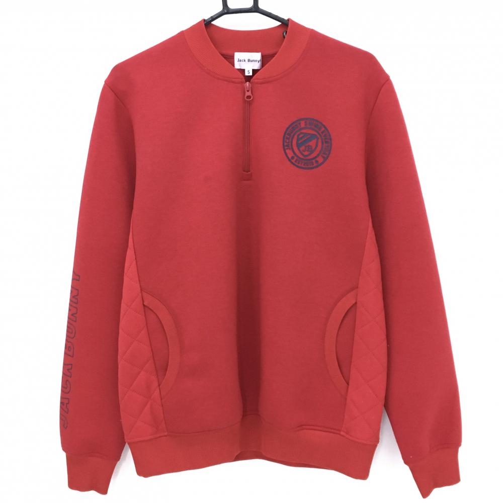 【美品】ジャックバニー ブルゾン レッド ロゴネイビー ハーフジップ スタンドカラー  メンズ 5(L) ゴルフウェア Jack Bunny