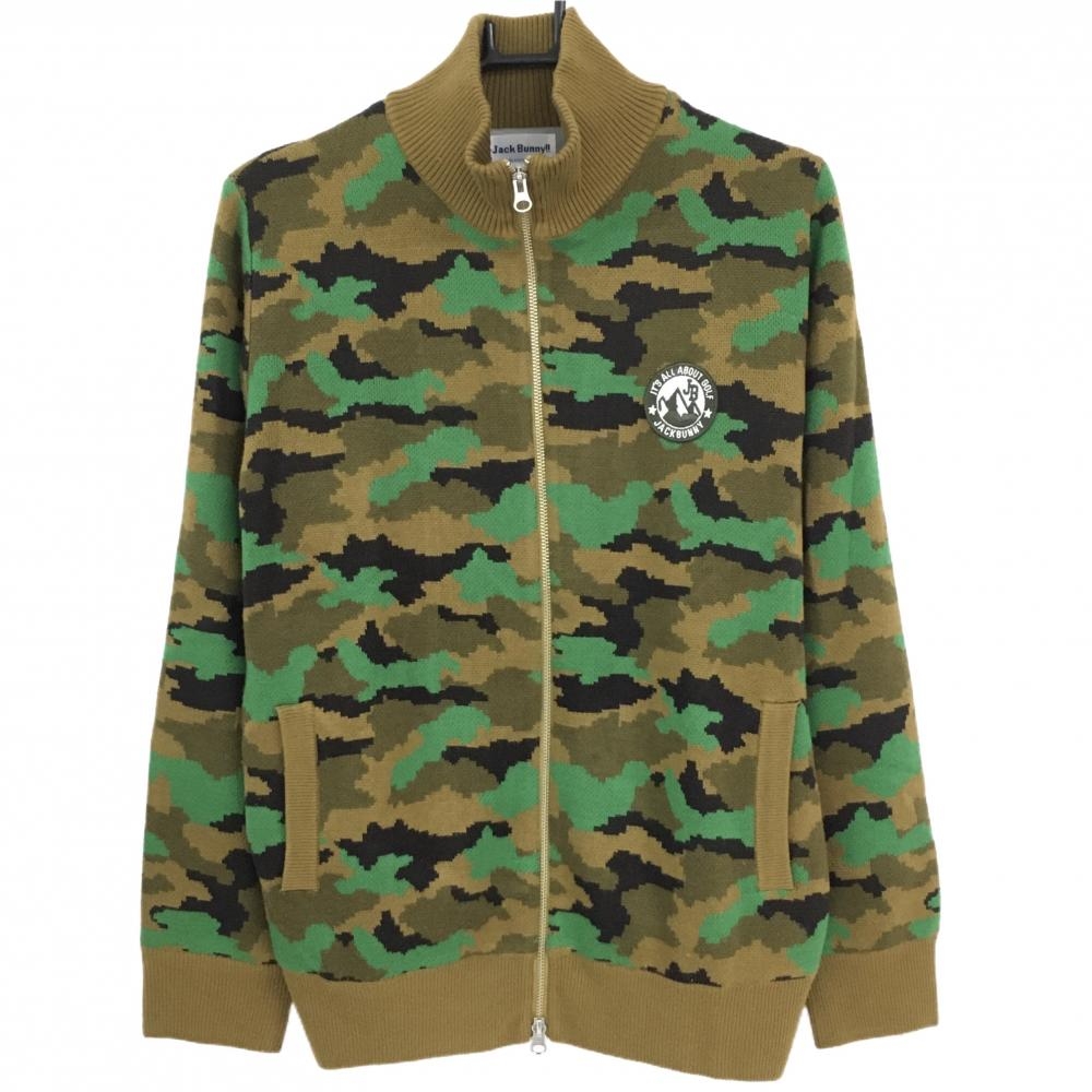 【美品】ジャックバニー ニットジャケット ブラウン×グリーン 迷彩柄 カモフラ ロゴワッペン メンズ 5(L) ゴルフウェア Jack Bunny