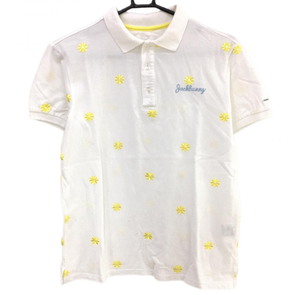 ジャックバニー 半袖ポロシャツ 白×イエロー 花柄刺しゅう コットン100％ メンズ 4(M) ゴルフウェア Jack Bunny