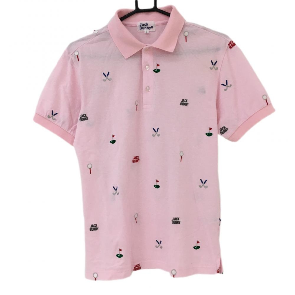 【美品】ジャックバニー 半袖ポロシャツ ピンク 刺しゅう ゴルフ柄  メンズ 4(M) ゴルフウェア Jack Bunny