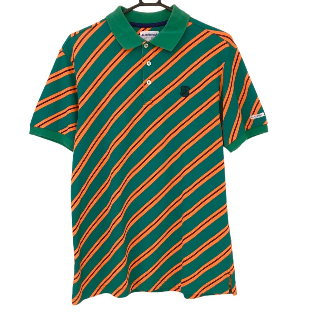 ジャックバニー 半袖ポロシャツ グリーン×オレンジ 斜めストライプ総柄  メンズ 6(XL) ゴルフウェア Jack Bunny