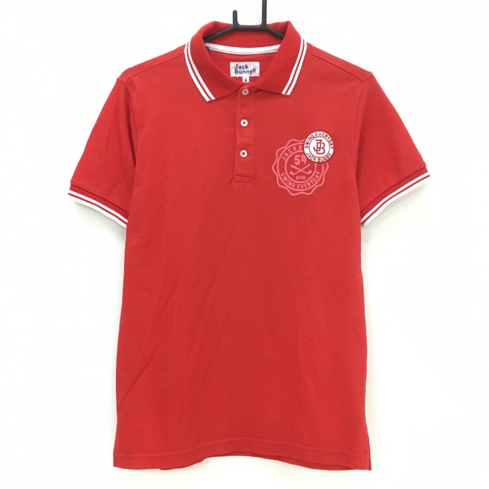 【美品】ジャックバニー 半袖ポロシャツ レッド×白 襟袖口ライン ワッペン メンズ 4(M) ゴルフウェア Jack Bunny