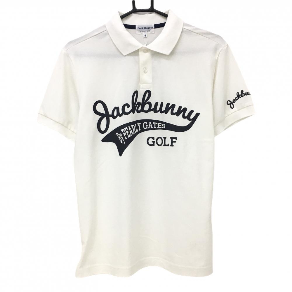 【新品】ジャックバニー 半袖ポロシャツ 白×ネイビー ビッグプリント メンズ 4(M) ゴルフウェア Jack Bunny