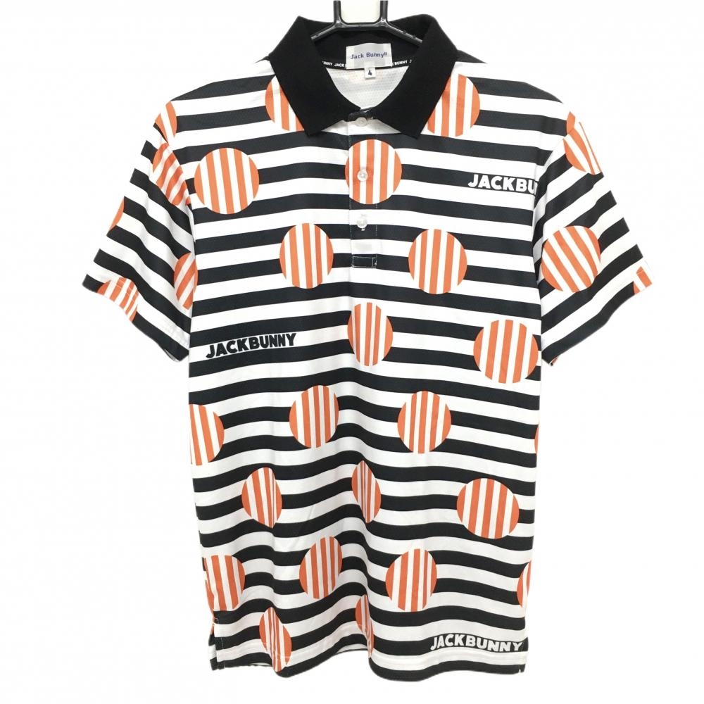 【美品】ジャックバニー 半袖ポロシャツ 白×黒×オレンジ ボーダードット×ストライプ メンズ 4(M) ゴルフウェア 2023年モデル Jack Bunny