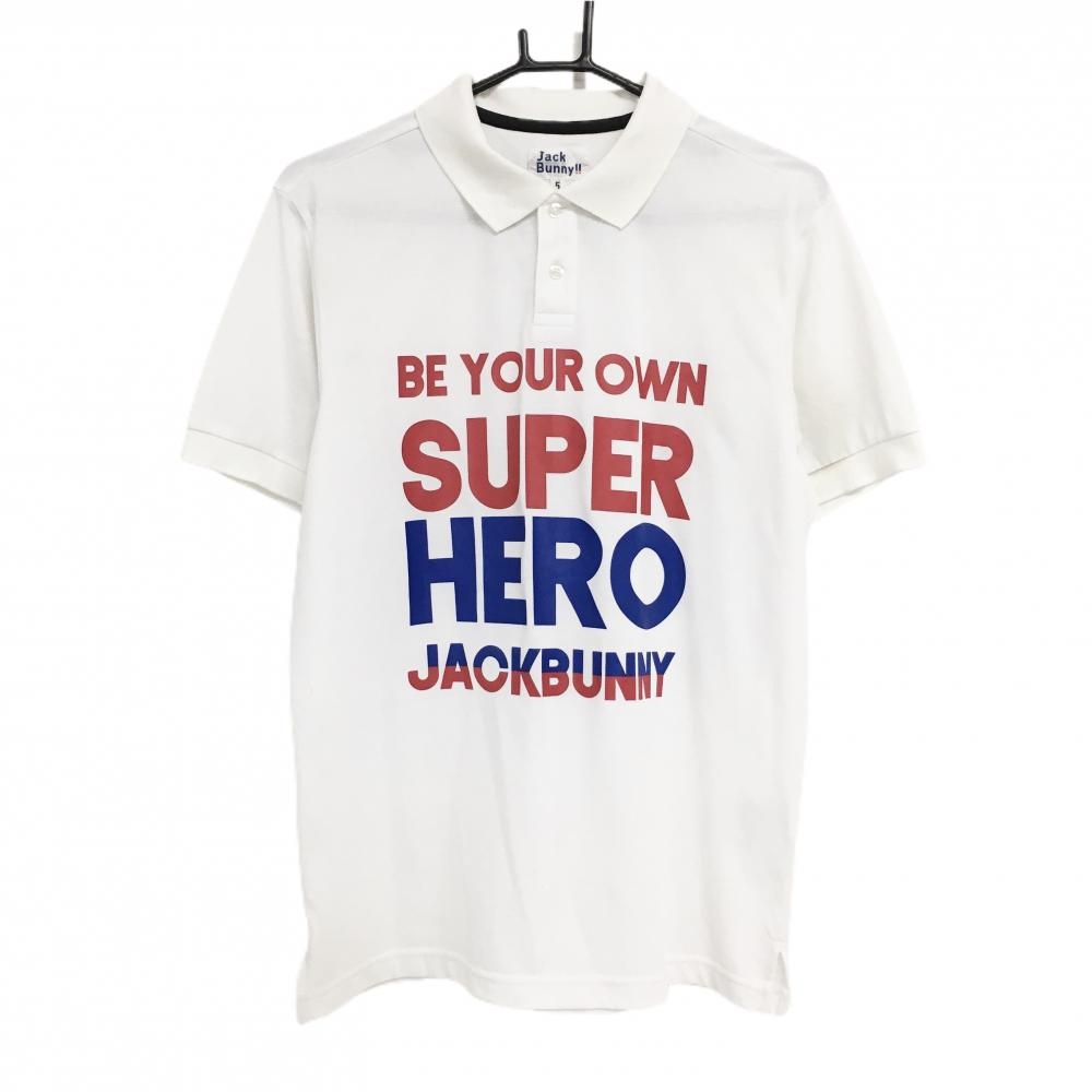 ジャックバニー 半袖ポロシャツ 白×レッド フロントビッグプリント  メンズ 5(L) ゴルフウェア Jack Bunny