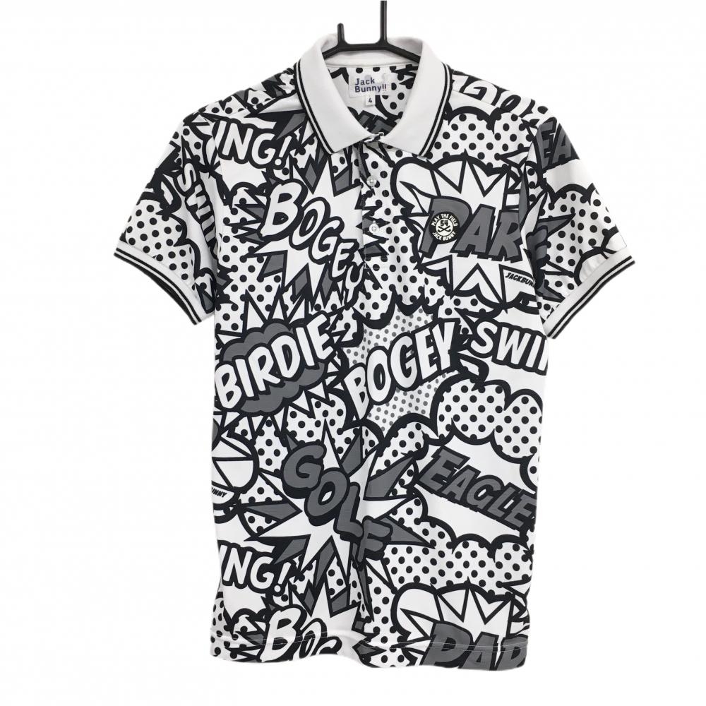 【美品】ジャックバニー 半袖ポロシャツ 白×グレー×ダークネイビー系 総柄 胸ロゴ メンズ 4(M) ゴルフウェア Jack Bunny