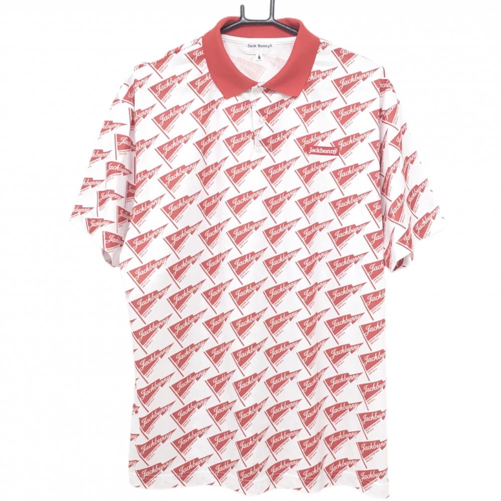 【超美品】ジャックバニー 半袖ポロシャツ 白×レッド 総柄 フラッグ メンズ 6(XL) ゴルフウェア 2025年モデル Jack Bunny