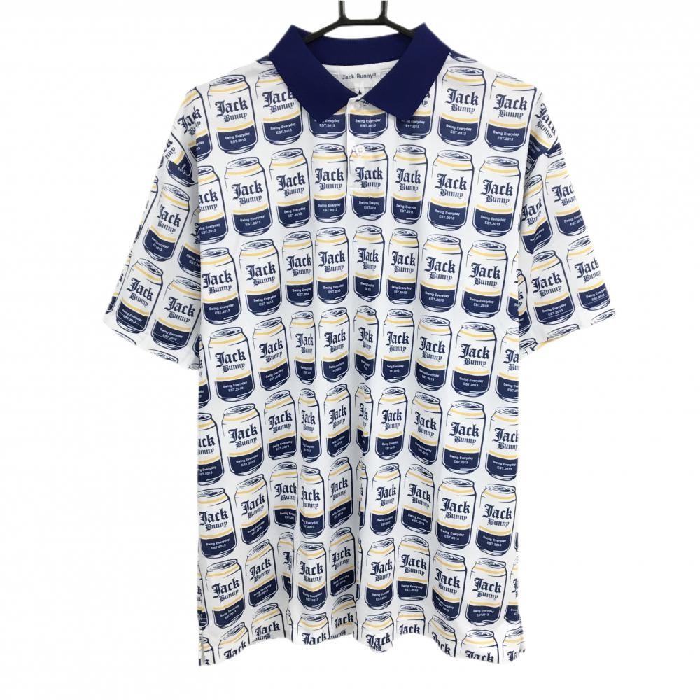 【超美品】ジャックバニー 半袖ポロシャツ 白×ネイビー×イエロー 総柄 缶 メンズ 6(XL) ゴルフウェア 2025年モデル Jack Bunny