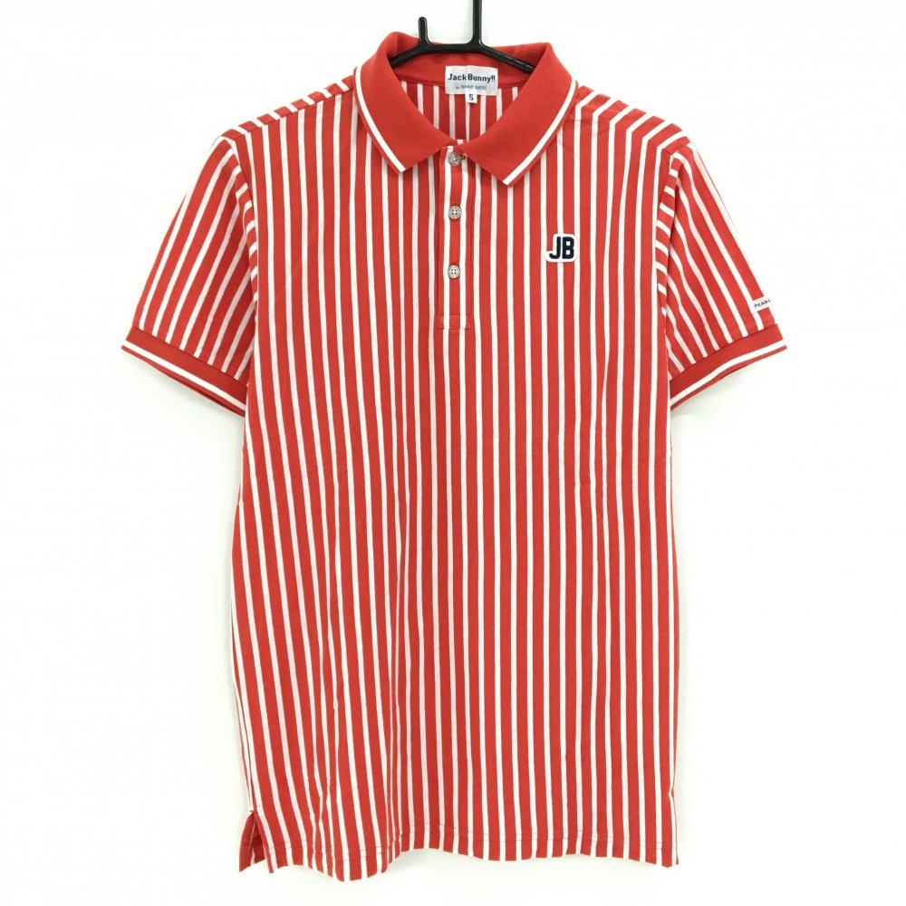 ジャックバニー 半袖ポロシャツ レッド×白 ストライプロゴワッペン メンズ 5(L) ゴルフウェア Jack Bunny