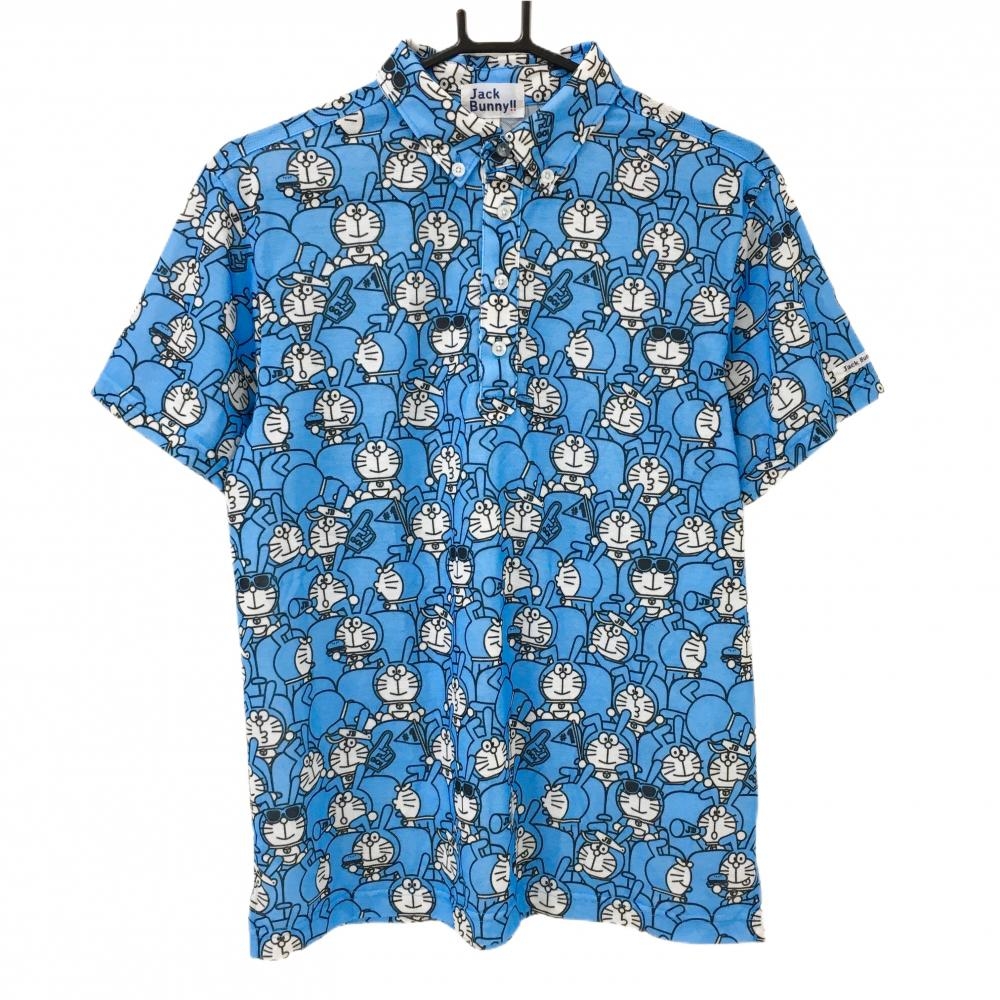 【超美品】ジャックバニー×ドラえもん 半袖ポロシャツ ライトブルー×白 ドラえもん総柄  メンズ 4(M) ゴルフウェア Jack Bunny