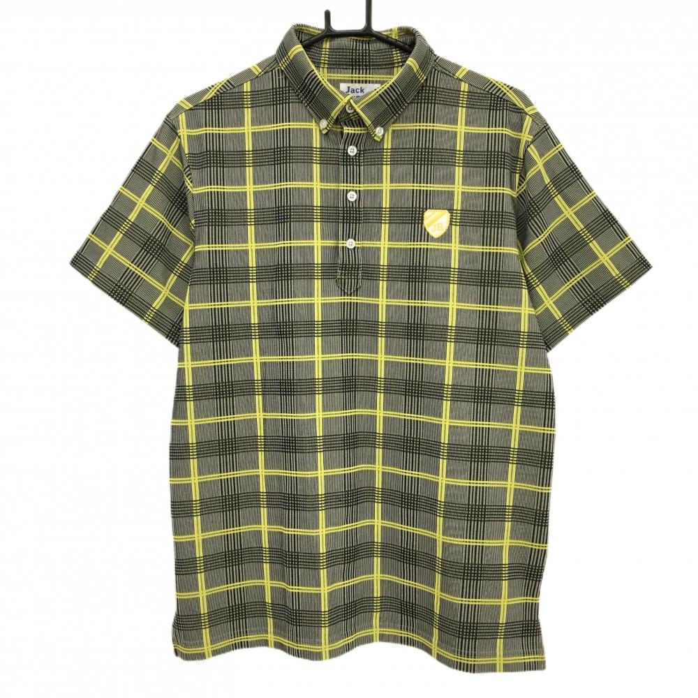 【美品】ジャックバニー 半袖ポロシャツ グレー×イエロー チェック ワッペン ボタンダウン メンズ 5(L) ゴルフウェア Jack Bunny