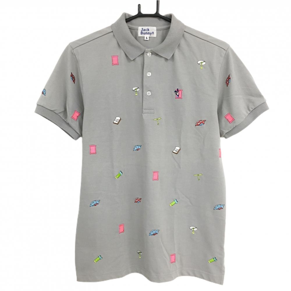 【超美品】ジャックバニー×ドラえもん 半袖ポロシャツ グレー×マルチカラー ひみつ道具総柄  メンズ 4(M) ゴルフウェア Jack Bunny